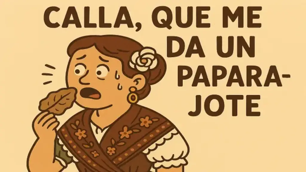 10 expressions from Murcia that are unknown in Cali Humorous illustration of a woman from Murcia caught off guard as she says, "Shut up, you're giving me a paparajote!"—one of the typical phrases included in the 10 expressions from Murcia that are unknown in Cali.