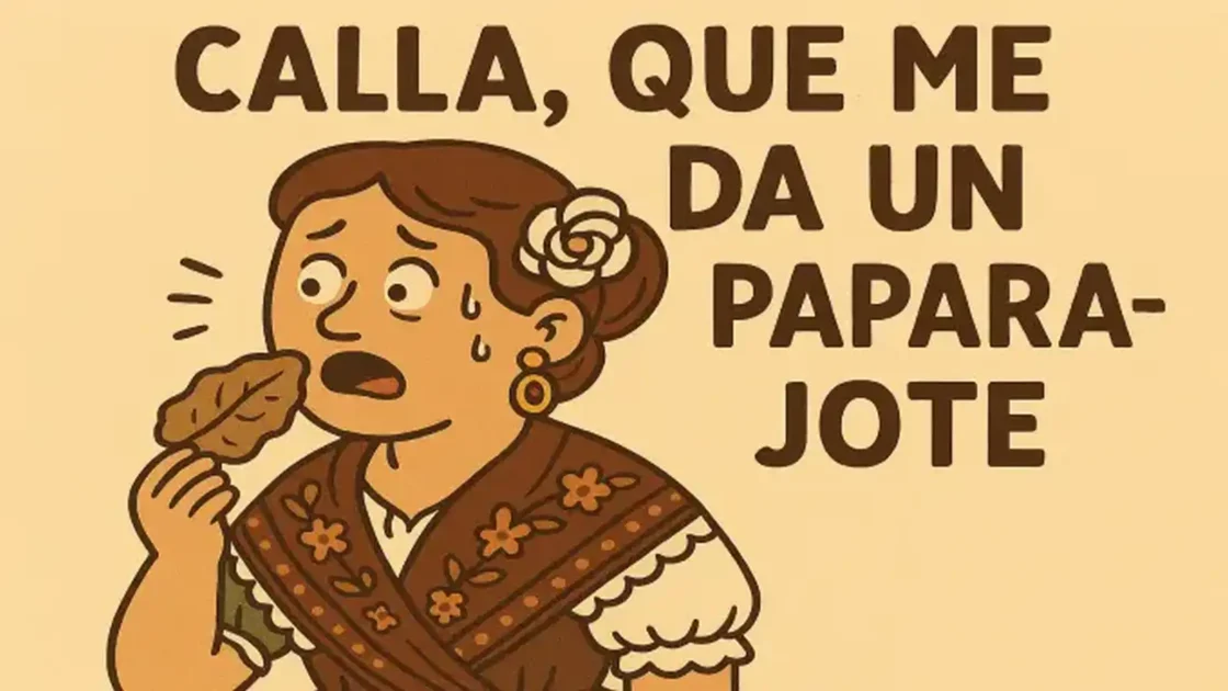 Humorous illustration of a woman from Murcia caught off guard as she says, "Shut up, you're giving me a paparajote!"—one of the typical phrases included in the 10 expressions from Murcia that are unknown in Cali
