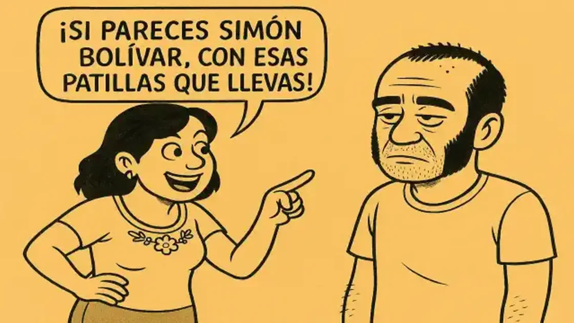Humorous illustration inspired by the film Bolívar soy yo (Bolívar is Me), in which a woman jokes that a man with sideburns resembles Simón Bolívar, in a parody about the identity and myth of the Liberator.