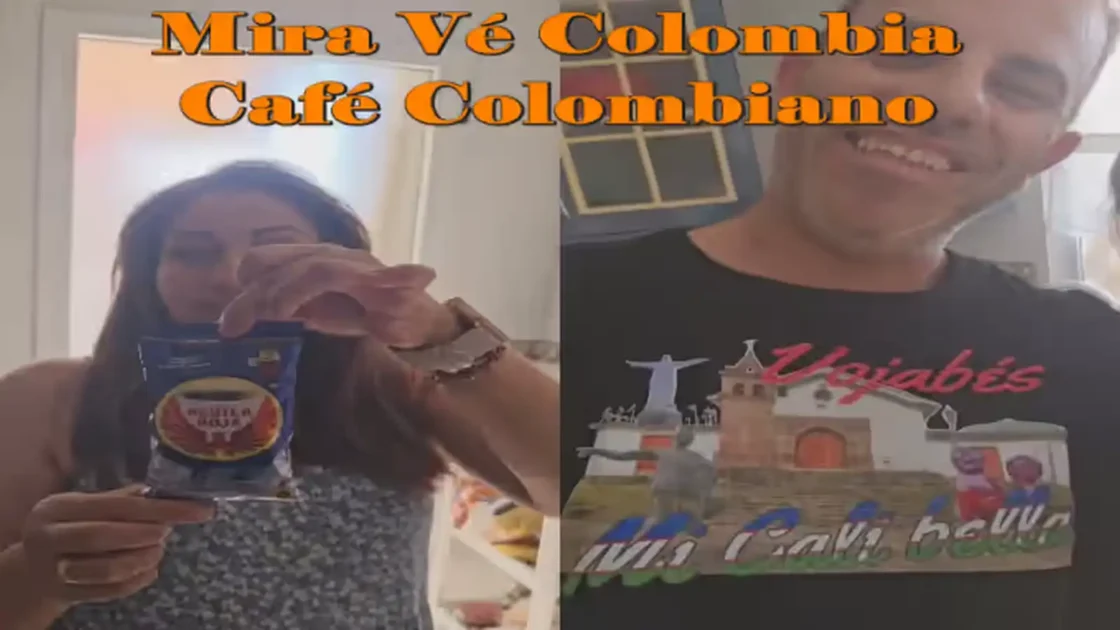 Collage con café Águila Roja en mano y camiseta caleña “Viajabés”, representando el ritual de café colombiano para dos en España.