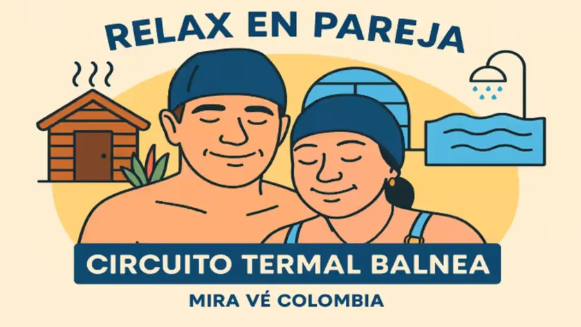 Pareja disfrutando de una experiencia de spa en Colombia, con gorros de baño, rodeados de íconos que representan una cabaña, una piscina termal y una ducha, promoviendo el circuito termal Balnea en Mira Vé.