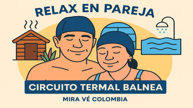 Pareja Disfrutando De Una Experiencia De Spa En Colombia, Con Gorros De Baño, Rodeados De Íconos Que Representan Una Cabaña, Una Piscina Termal Y Una Ducha, Promoviendo El Circuito Termal Balnea En Mira Vé.