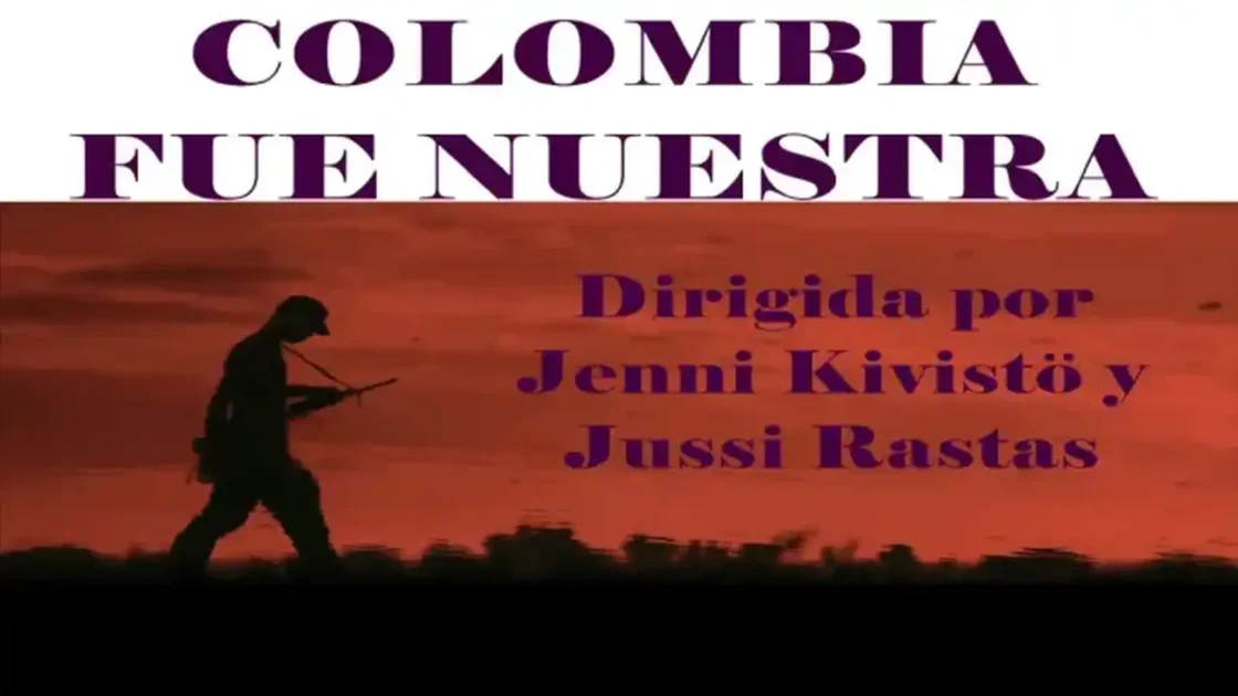 Promotional image for the documentary "Colombia in My Arms", featuring the silhouette of an armed man walking at sunset, directed by Jenni Kivistö and Jussi Rastas.