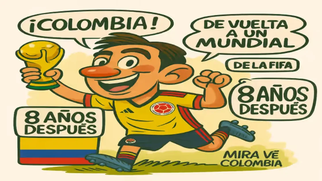 Caricatura de jugador colombiano celebrando con el trofeo tras clasificar: Colombia vuelve a 1 mundial después de 8 años.