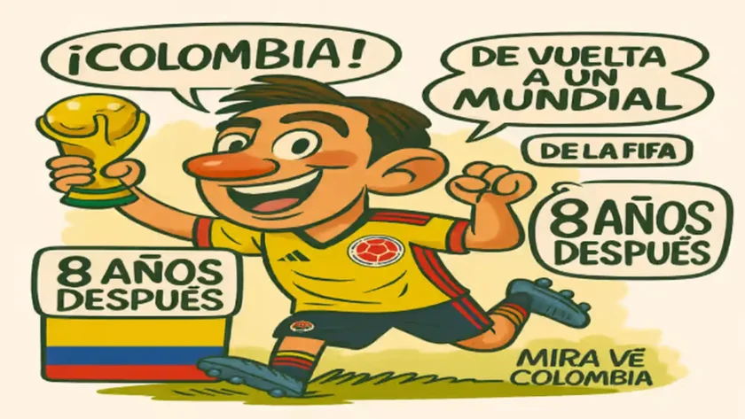 Caricatura de jugador colombiano celebrando con el trofeo tras clasificar: Colombia vuelve a 1 mundial después de 8 años.
