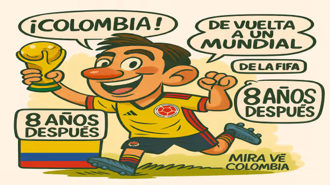 Caricatura De Jugador Colombiano Celebrando Con El Trofeo Tras Clasificar: Colombia Vuelve A 1 Mundial Después De 8 Años.
