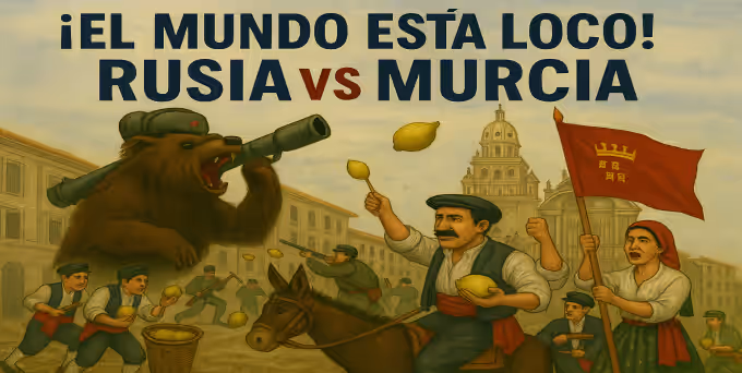 Lustración Humorística De Un Oso Ruso Con Lanzamisiles Enfrentando A Murcianos Vestidos De Huertanos Que Lanzan Limones, Con La Catedral De Murcia Al Fondo Y El Texto “¡El Mundo Está Loco! Rusia Vs Murcia” En La Parte Superior.