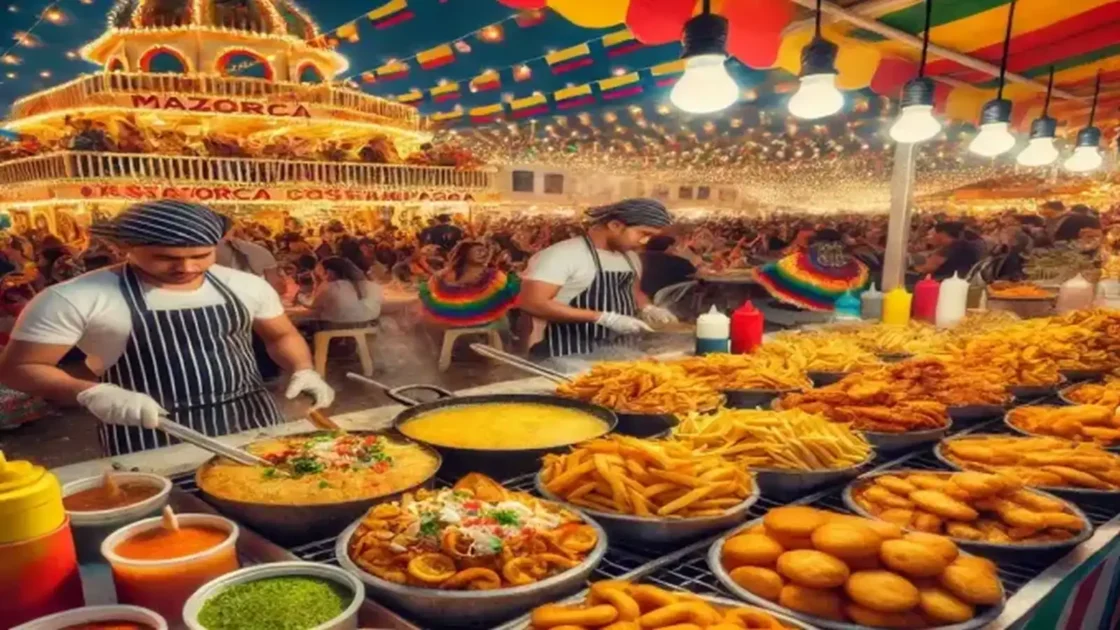 Platos típicos caleños de la gastronomía de la feria de Cali como mazorcas, empanadas, salchipapas y pollo frito servidos entre luces, música y tradición popular.