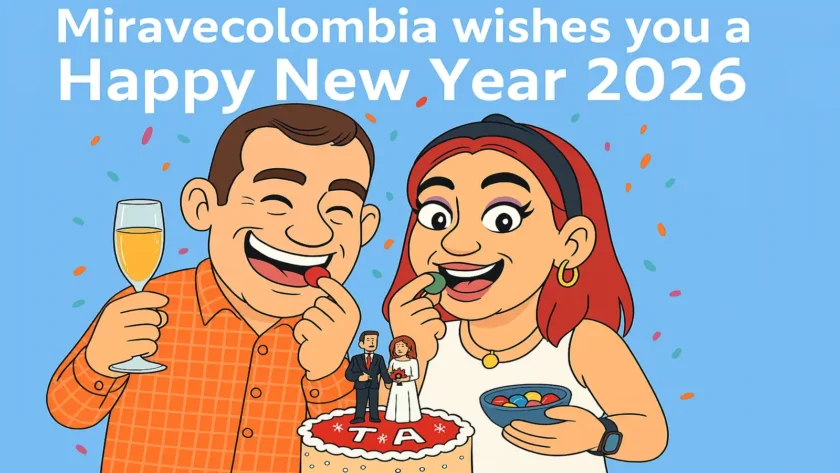 Couple celebrating New Year’s Eve with Lacasitos Countdown, smiling with cake and candies in a festive scene.