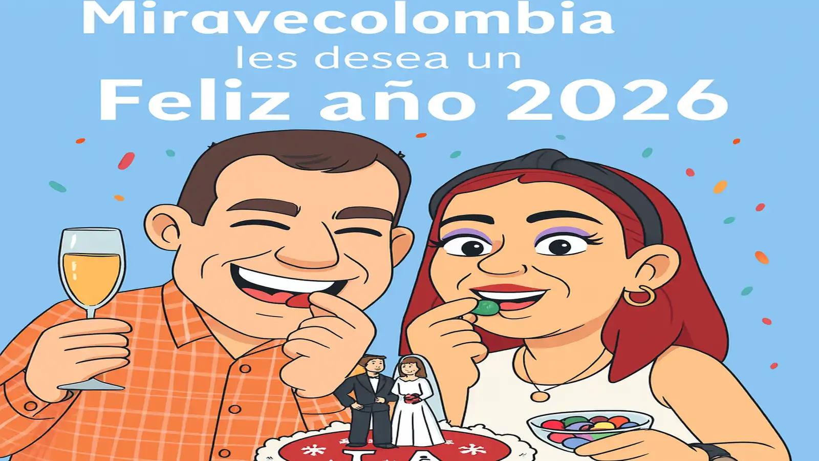 Lacasitos de la suerte: Pareja celebrando el Fin de Año para tener suerte en las campanadas con confeti y alegría.