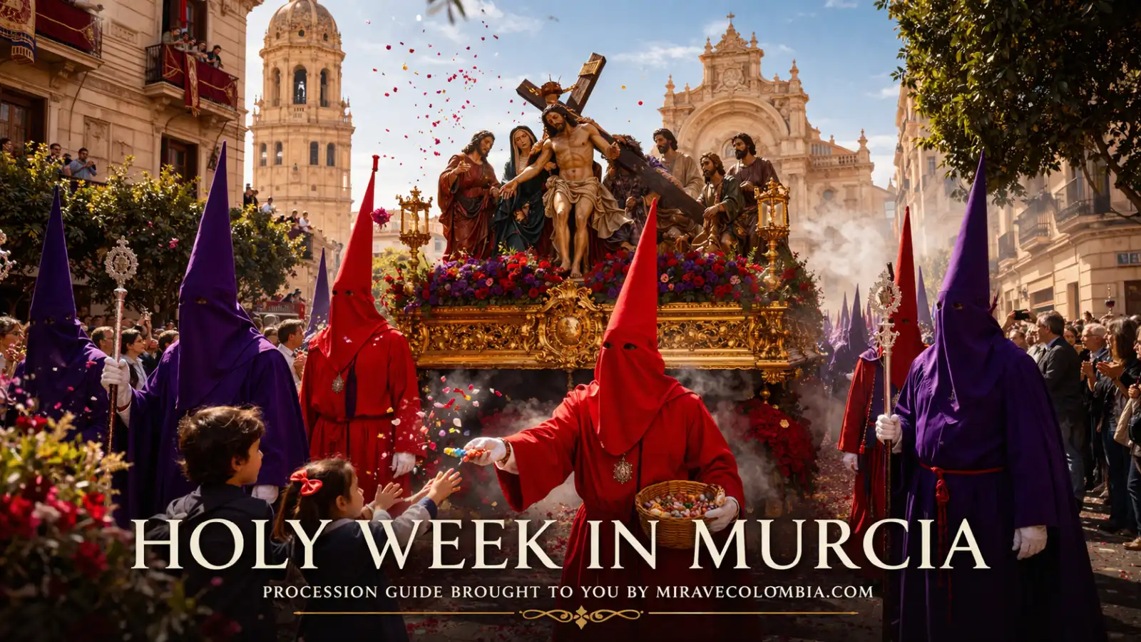 Murcia Holy Week procession with Nazarenes and Baroque float