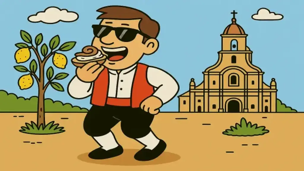 Cartoon-style illustration combining Murcianico Style and La Marinera: man wearing traditional Murcian costume eating a marinera in front of a church, with a lemon tree and clear sky.