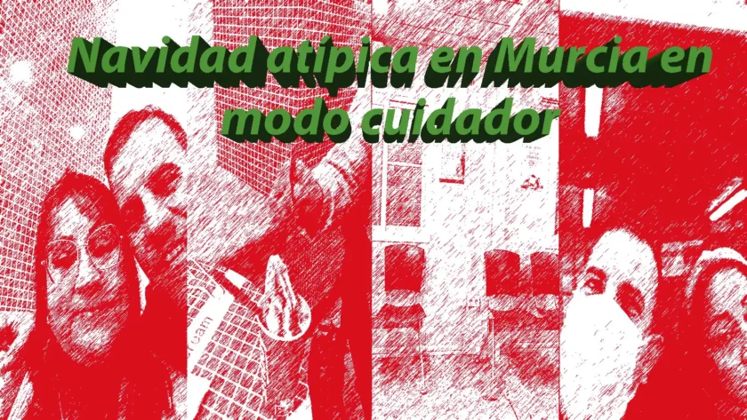 Collage en tonos rojos de la conocida pareja hispanocolombiana viviendo una Navidad atípica en Murcia en modo cuidador dentro de un entorno hospitalario.