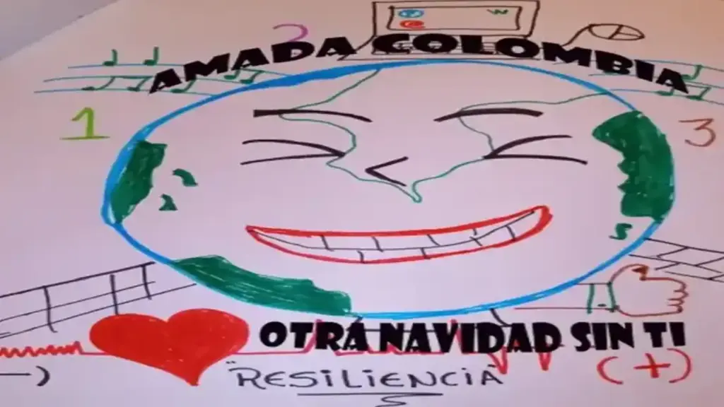 Navidad en Colombia sin usted que está fuera de su patria Ilustración alusiva a Navidad en Colombia sin usted con un planeta sonriente, corazón rojo y mensaje de resiliencia.