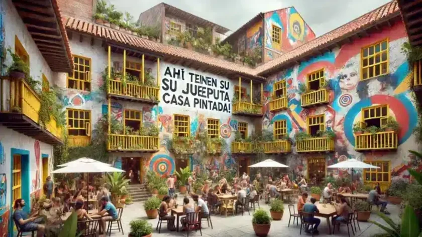 View of a communal building from the courtyard, with the phrase "There you have your fucking painted house" painted on it, a symbol of resistance in The Strategy of the Snail (La estrategia del caracol).