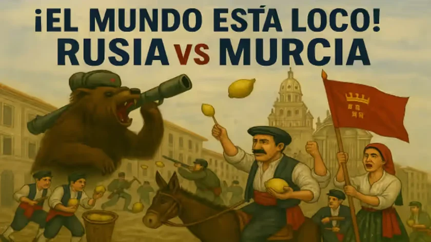 Humorous illustration of a Russian bear with a missile launcher facing Murcians dressed as farmers throwing lemons, with Murcia Cathedral in the background and the text "The world is crazy! Russia vs Murcia" at the top.