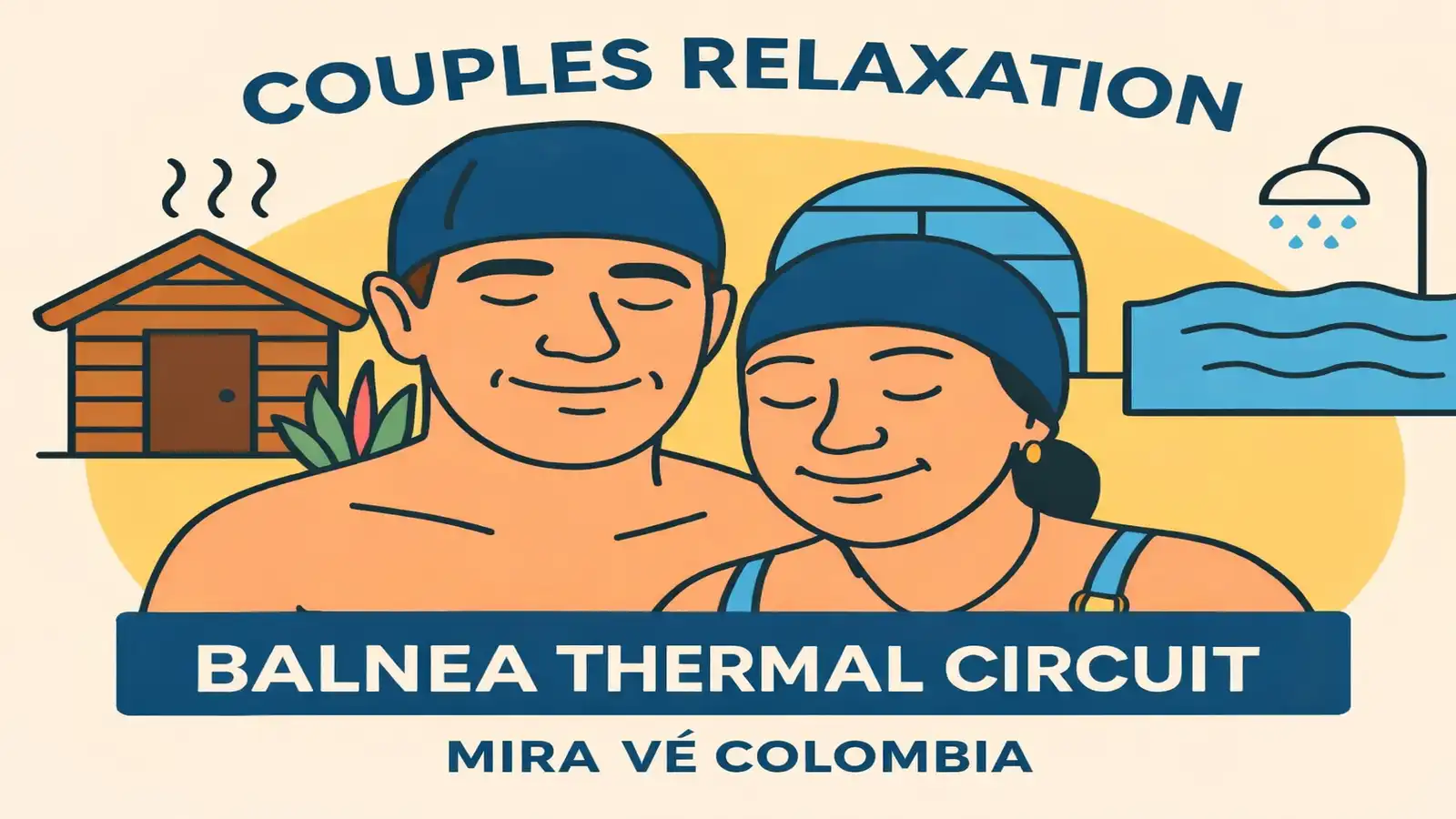 Balnea Thermal Circuit: Couples relaxation experience in Colombia with spa icons, thermal pools, and wellness showers.