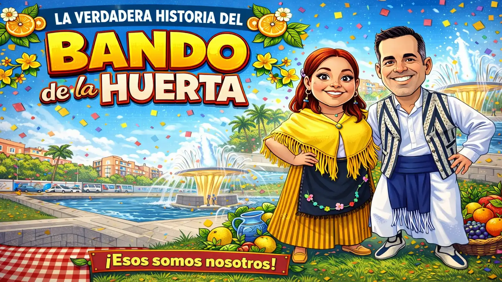 Ilustración del Bando de la Huerta mostrando la historia del Bando de la Huerta, su origen en 1851 y una pareja con trajes tradicionales huertanos en un entorno festivo.