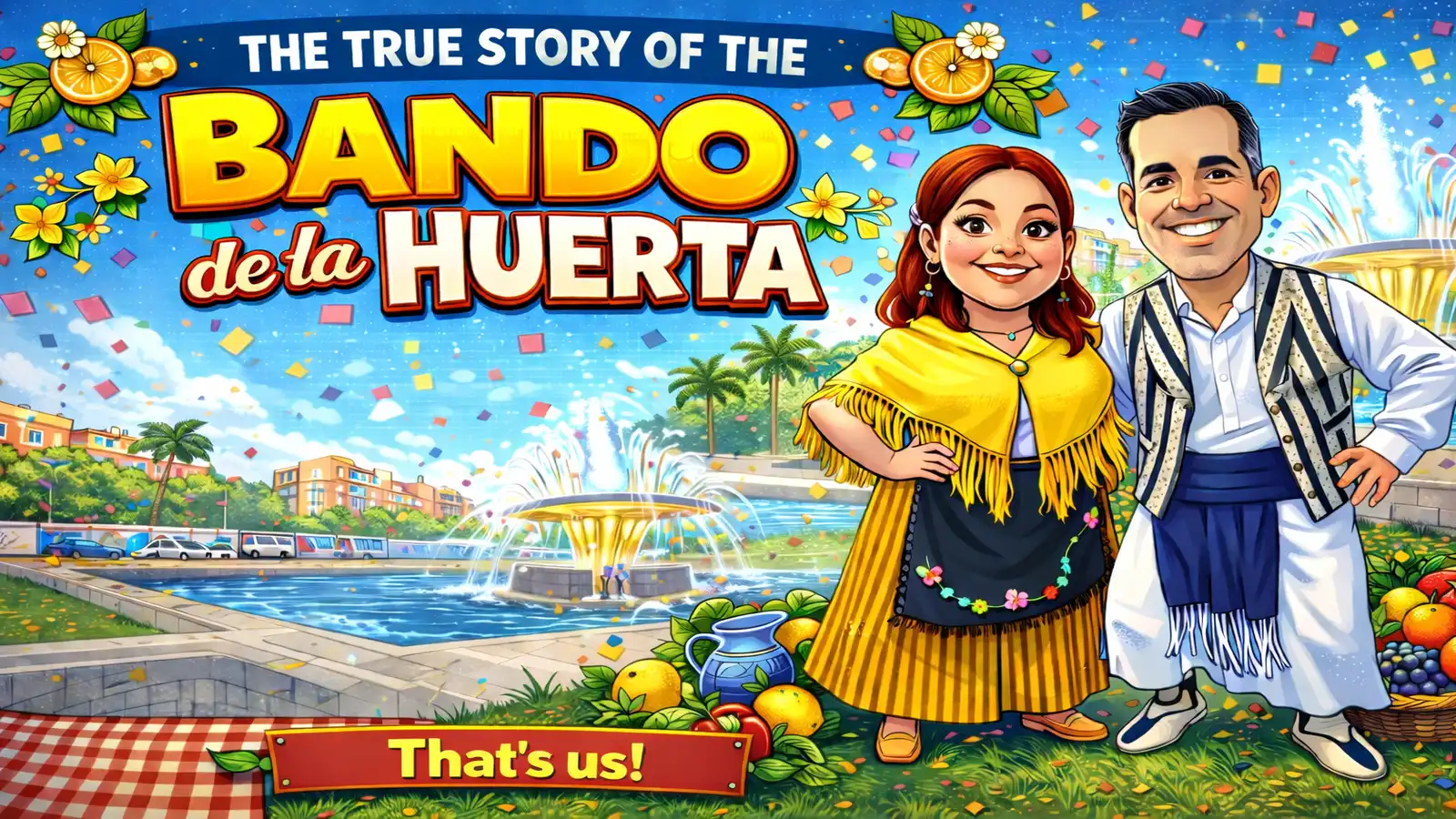 The true story of the Bando de la Huerta: origin in 1851 with a couple in traditional huertano costumes celebrating in Murcia.