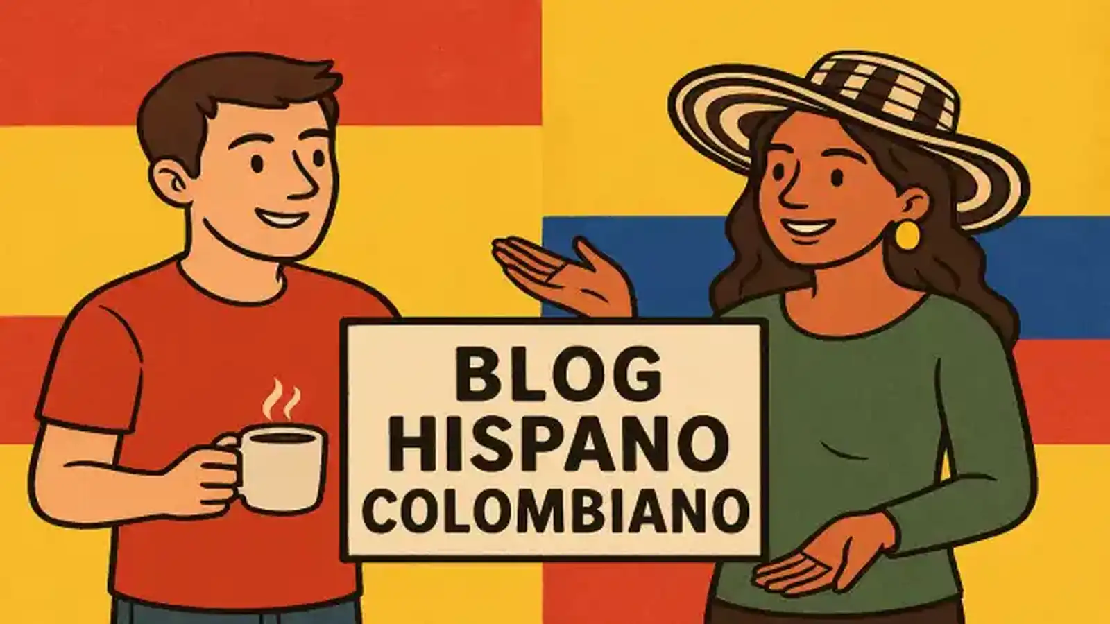 Pareja binacional frente a las banderas de Colombia y España: mujer colombiana con sombrero tradicional y hombre español con taza de café, junto al letrero “Blog Hispano Colombiano”.