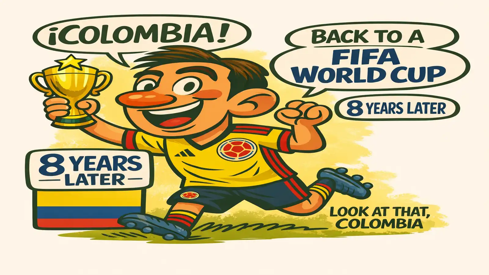 Colombia Returns to the World Cup. Cartoon illustration of a Colombian soccer player celebrating with a golden trophy and speech bubbles that read 