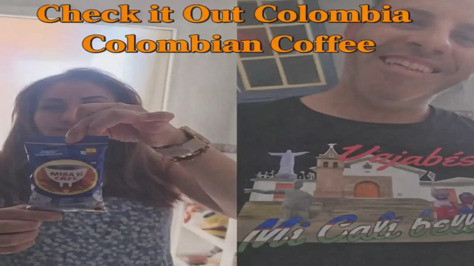 Two people share their love for Colombian coffee for two in Spain: one holds a 