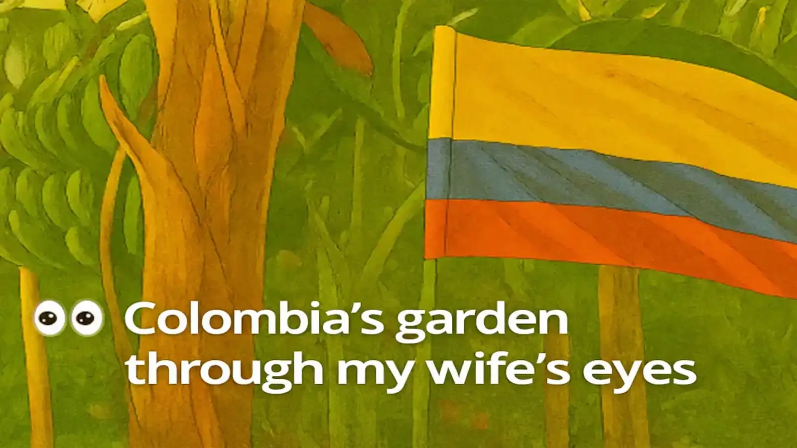 Colombian farm garden with the national flag waving among lush fruit trees, symbolizing Colombian farming traditions, family memory, and migration stories.