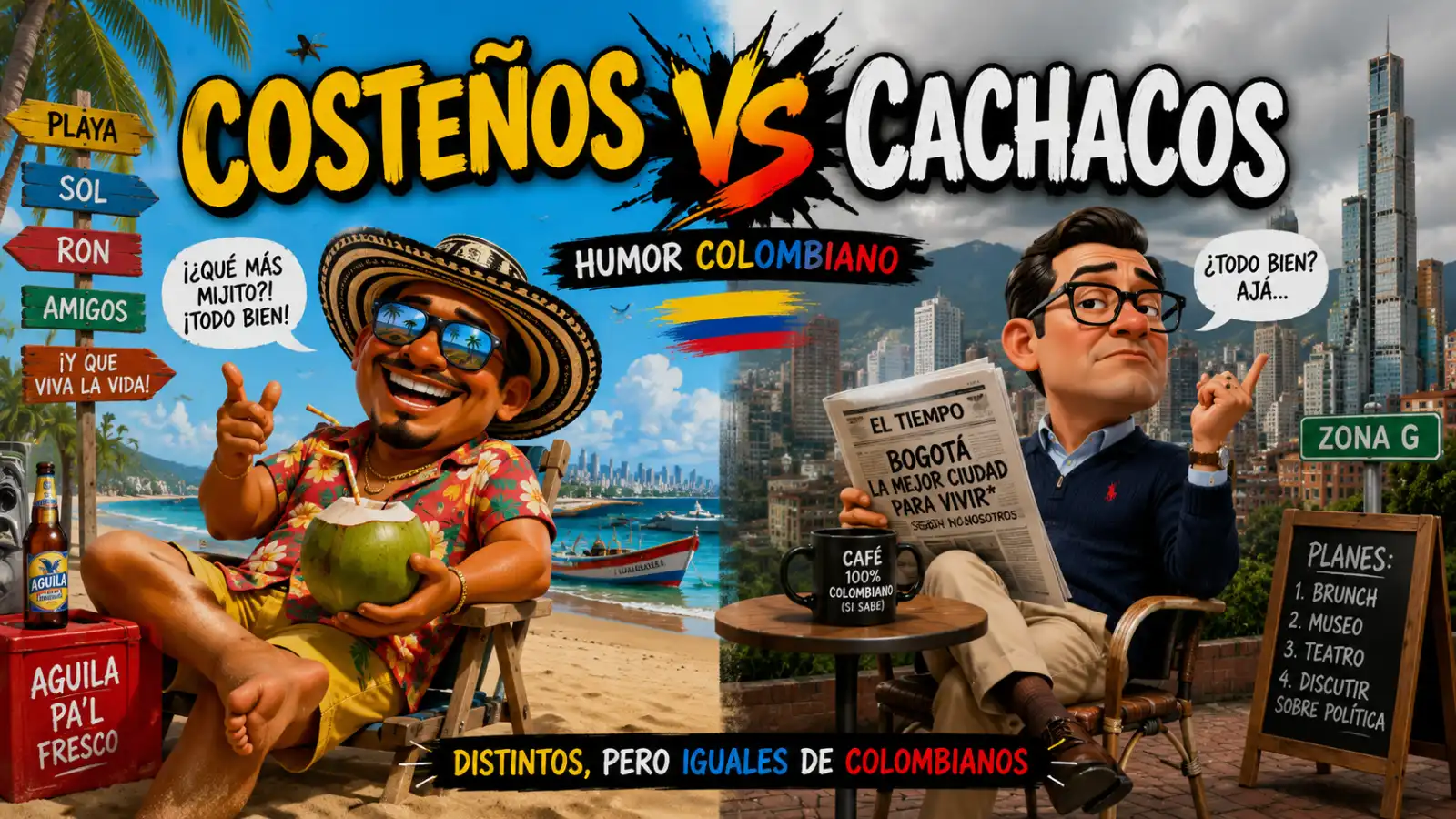 Costeños vs cachacos: ilustración humorística de un costeño relajado en la playa y un cachaco elegante en Bogotá.