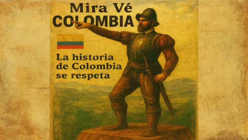 Retrato artístico del fundador de Santiago de Cali, Sebastián de Belalcázar, con el título Mira Vé Colombia y la frase La historia de Colombia se respeta.