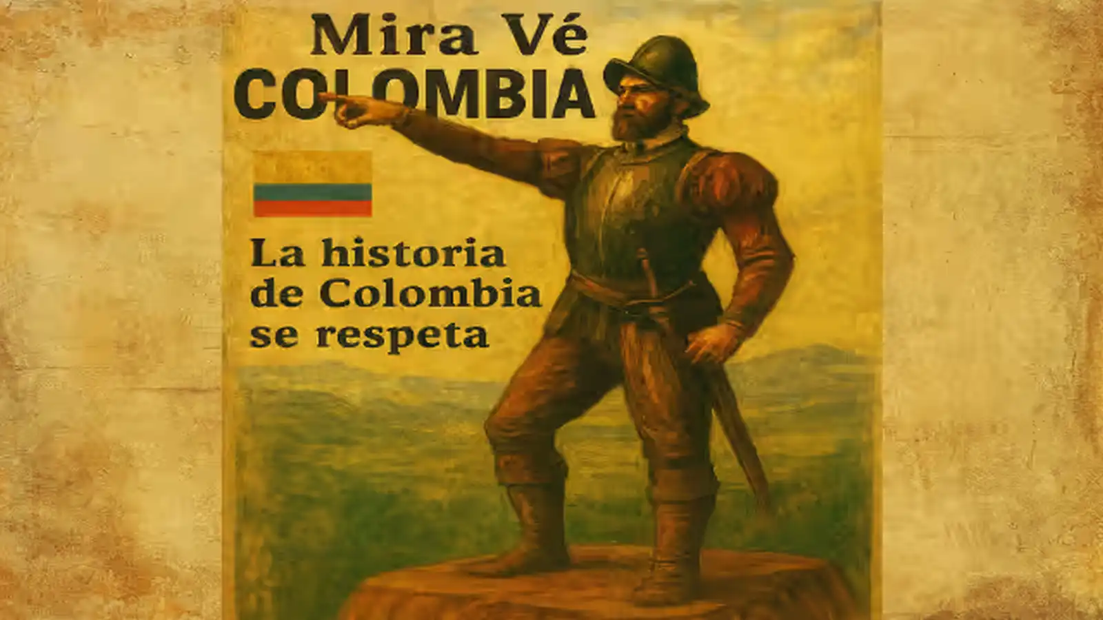 Retrato artístico del fundador de Santiago de Cali, Sebastián de Belalcázar, con el título Mira Vé Colombia y la frase La historia de Colombia se respeta.