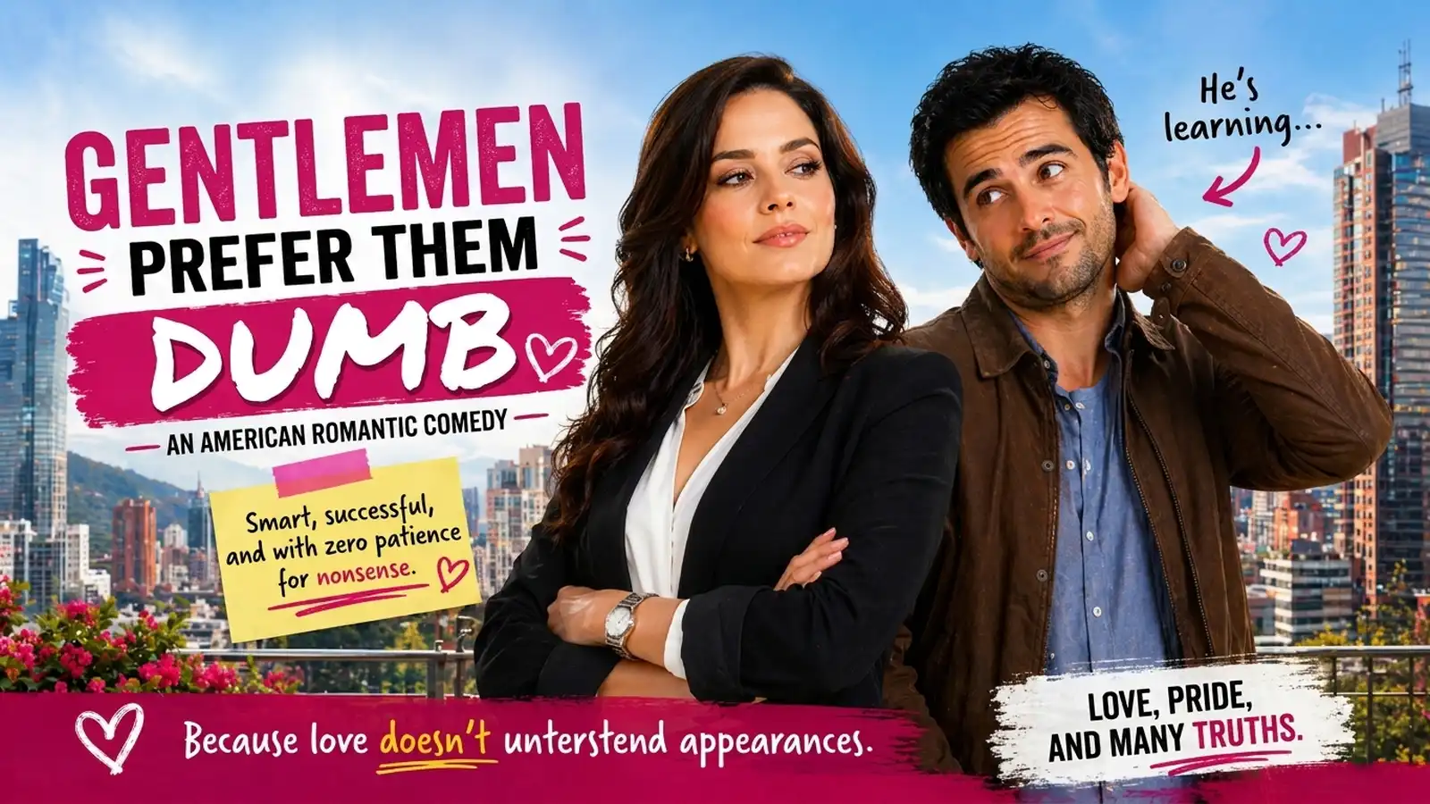 An original blog collage featuring the lead characters from "Gentlemen Prefer Them Dumb." On the left, a confident woman in business attire; on the right, a pensive man against a background of city skyscrapers. The design incorporates graphic elements and colorful taglines.