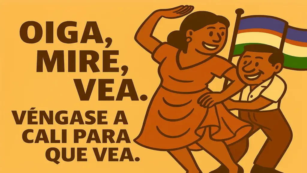 Ilustración de pareja bailando con bandera de Cali y frase ‘Oiga, mire, vea. Véngase a Cali para que vea’, representando el himno fiestero de Cali.