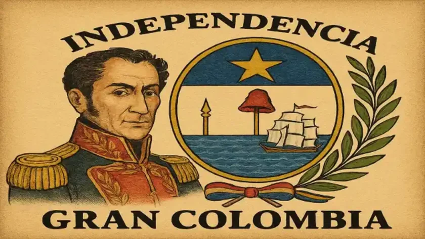 Portrait of Simon Bolivar next to the shield of Gran Colombia with the text “Independencia Gran Colombia”, representing the independence of Colombia and the union of Latin American nations.