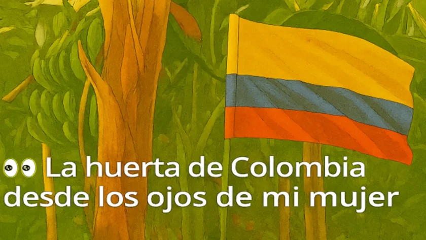 Platanera en la huerta de Colombia con bandera colombiana y mensaje emocional sobre la mirada de una mujer migrante.