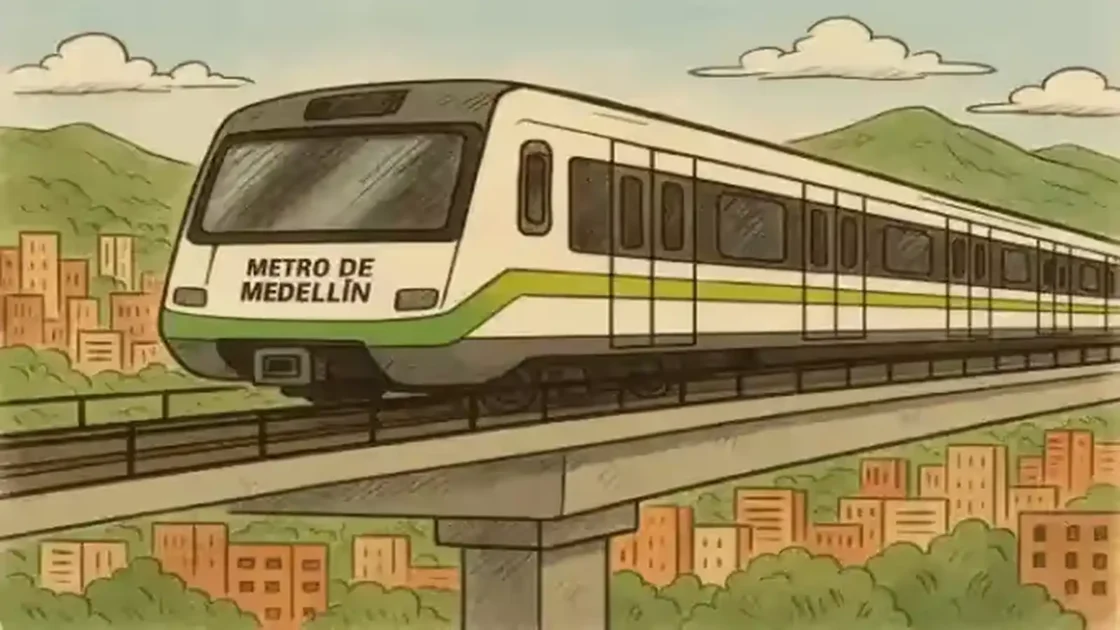 Ilustración de un tren del Metro de Medellín circulando por una vía elevada, rodeado de colinas verdes y edificios urbanos.