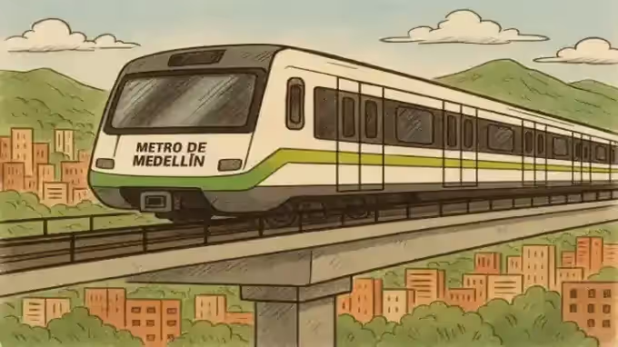 Ilustración De Un Tren Del Metro De Medellín Circulando Por Una Vía Elevada, Rodeado De Colinas Verdes Y Edificios Urbanos.
