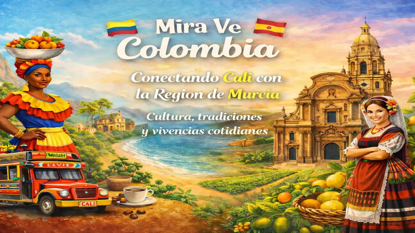 Ilustración cultural que representa la conexión entre Colombia y España, con una mujer colombiana, un autobús chiva, la Catedral de Murcia, una mujer vestida de huertana y elementos de la huerta como limones y naranjas.