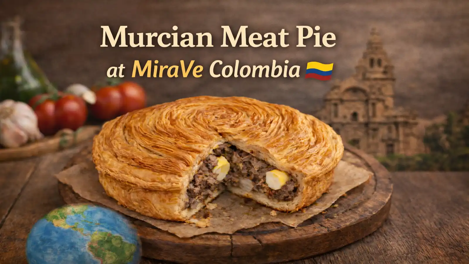 Murcian Meat Pie: Traditional flaky pastry from Murcia with meat and egg filling on a rustic wooden table.