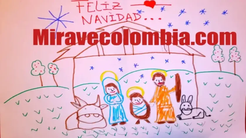 Dibujo infantil del pesebre con José, María y el Niño Dios, rodeados de animales y una estrella, representando una Navidad alegre con regalos del Niño Dios.