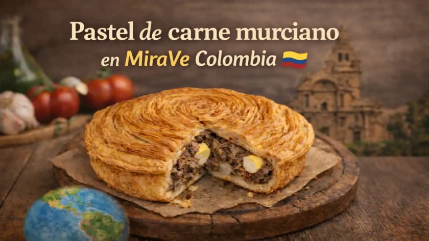 Pastel de carne murciano con relleno de carne y huevo sobre mesa rústica