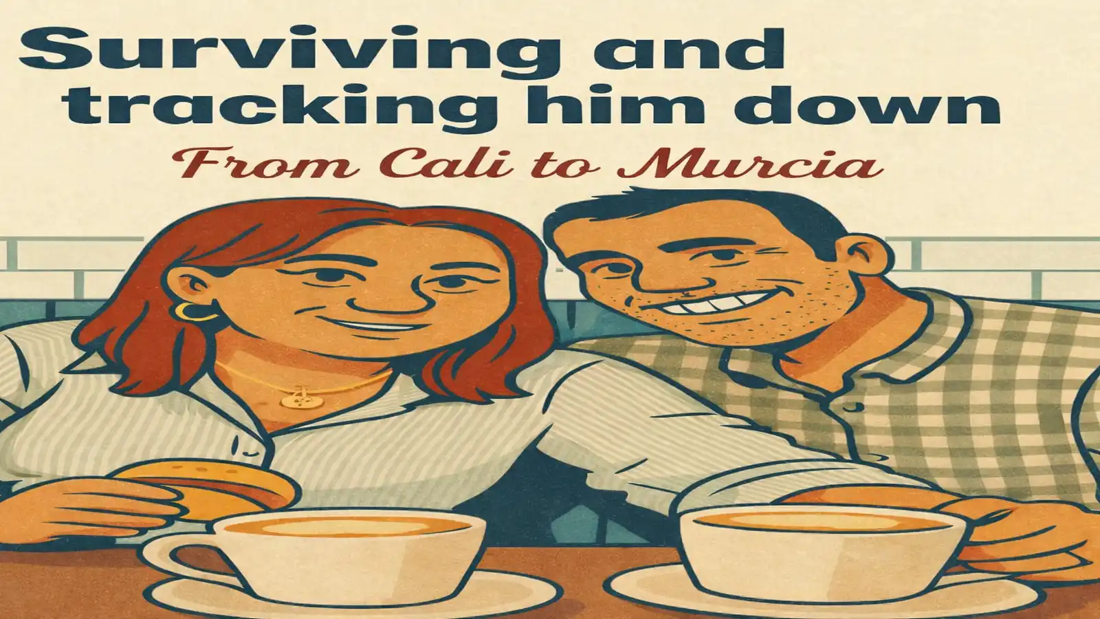 A smiling Spanish-Colombian couple shares coffee and bread.