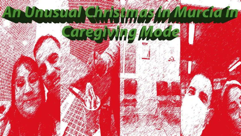 A photo collage with a red filter titled "An Unusual Christmas in Murcia in Caregiving Mode," showing people in hospital and healthcare settings during the holidays.